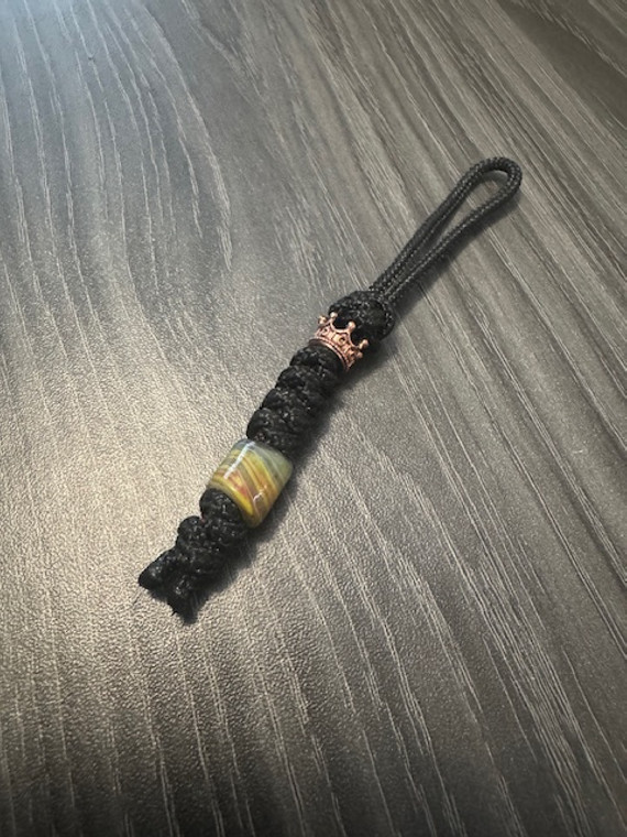 Blown Glass and Copper Finished Crown Black Micro Cord Small Knife Lanyard