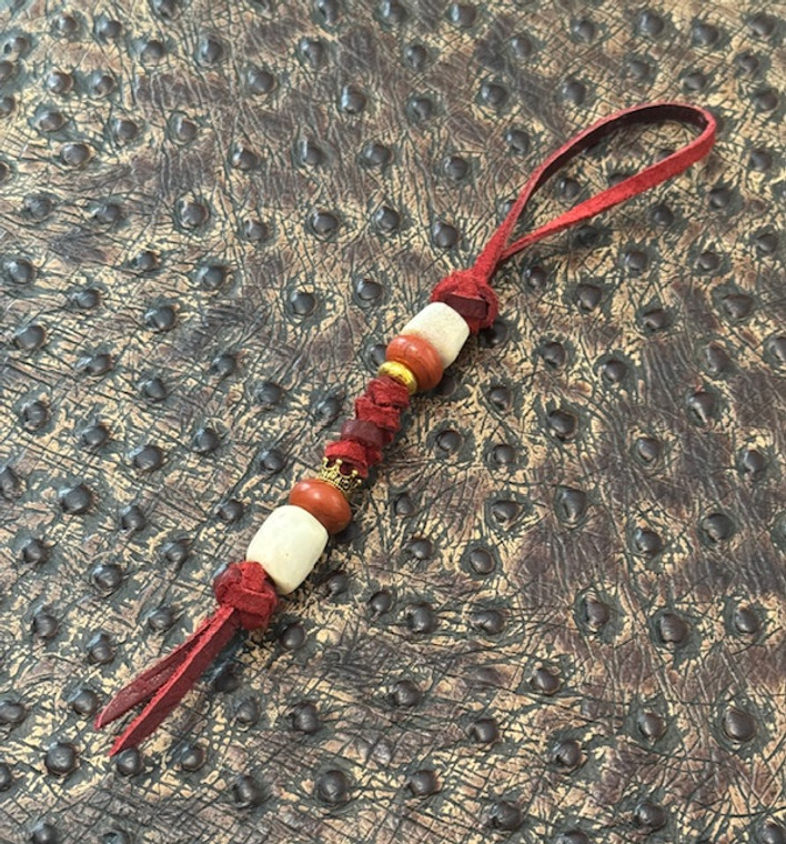 Burgundy Red Lace Leather Knife Lanyard with Handmade Elk Antler, Red Jasper, and Polished Brass Crown Beads