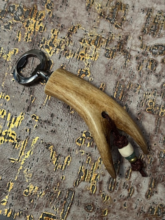 Rustic Deer Antler Bottle Opener with Integrated Leather, Green Aventurine, and Antler Bead Lanyard Rustic Deer Antler Bottle Opener with Integrated Leather, Green Aventurine, and Antler Bead Lanyard