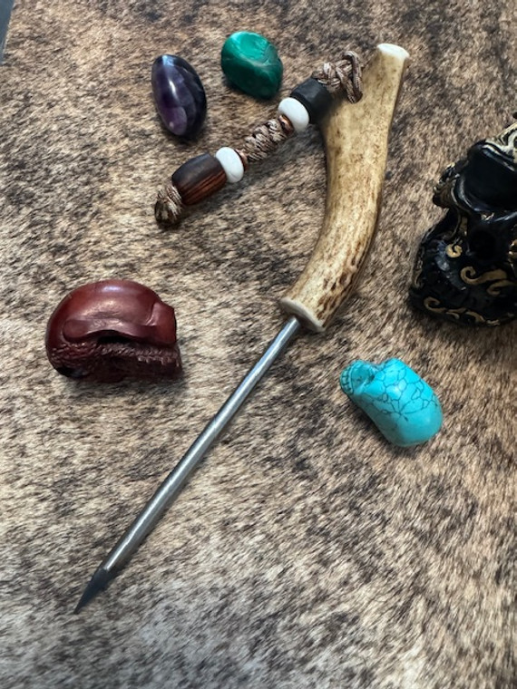 Deer Antler Handle EDC Spike with White Howlite and Handmade Desert Ironwood Bead Lanyard Deer Antler Handle EDC Spike with White Howlite and Handmade Desert Ironwood Bead Lanyard