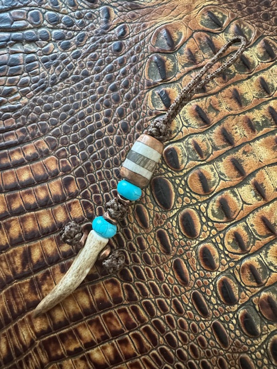 Micro Cord Knife Lanyard with Burl, Antler, and Bog Oak Split Bead Accented by Turquoise, Copper Spacers, and Tine