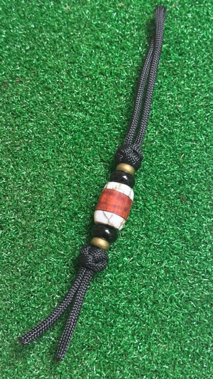 Black Paracord Shorty Knife Nub with Koa and Gold Web Tru-Stone Split Bead Accented by Brass and Black Spacers