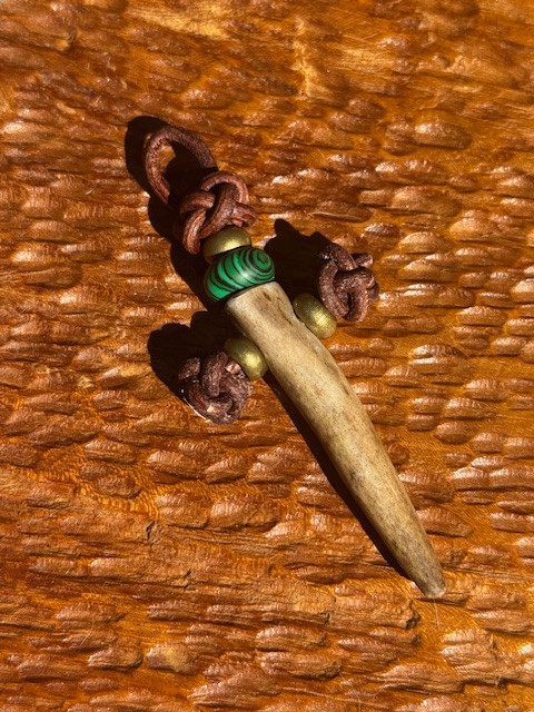 Handmade Polished Deer Antler Tine Medallion with Brass and Malachite Accents