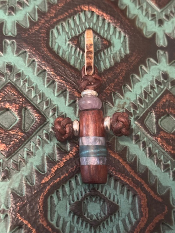 Copy of Handmade Snakewood, Mother of Pearl Resin, and Dyed Curly Maple Cross Pendant with Antler Passthrough Ring