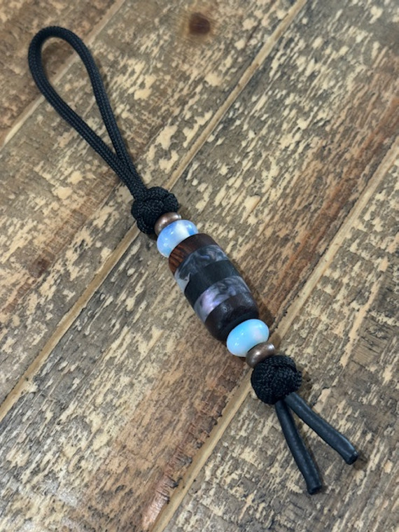 Ironwood, Abalone Resin, and Ebony Handmade Shorty Knife Nub Lanyard with Copper and Opalite Accents on Black Paracord
