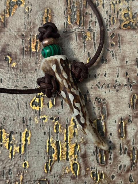 30" Leather Gnarly Bark Deer Antler Tine Cross Necklace with Malachite and Copper Accents
