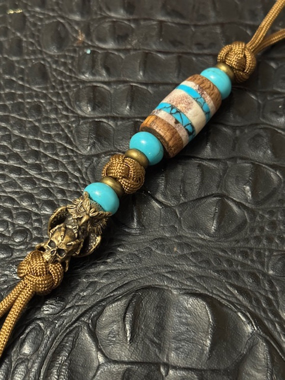 Curly Mango, Deer Antler, and Turquoise Tru-Stone Bead Knife Lanyard with Perched Brass Owl On Skull Bead