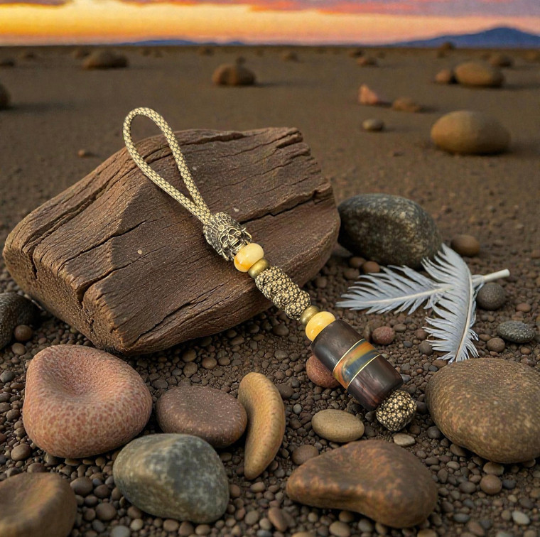 Brass Skull Chief Bead Paracord Knife Lanyard with Deep Yellow Jade, Brass Spacers, and Custom Brass Liner Split Bead