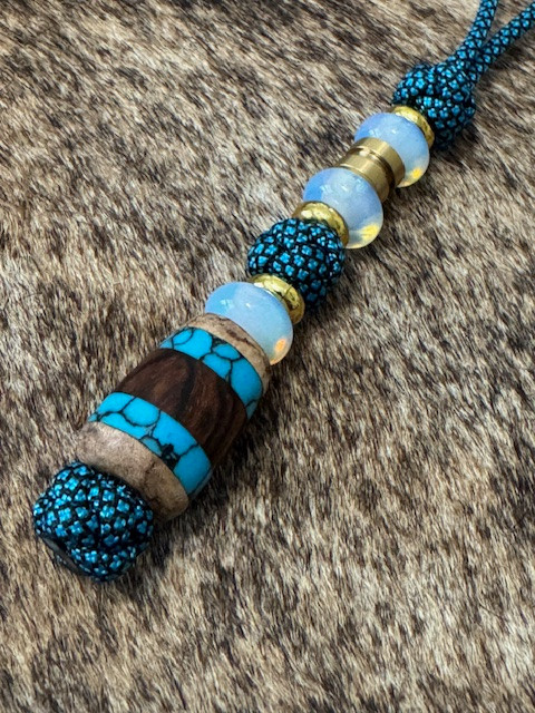 Teak Wood, Turquoise Tru-Stone, and Ironwood Split Bead Knife Lanyard with Polished Brass and Opalite Accents