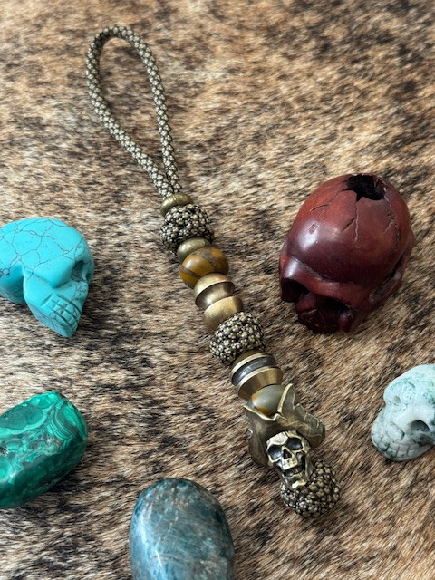 Brass Pirate Skull Knife Lanyard with Bamboo Leaf Agate Accents