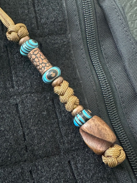 Handmade Walnut Wood Grooved Channel Bead Lanyard with Malachite and Copper Accents