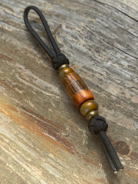 Bocote, Brazilian Tigerwood, and Louro Preto Exotic Wood and Brass Liner Split Bead Knife Nub Accented by Picture Jasper