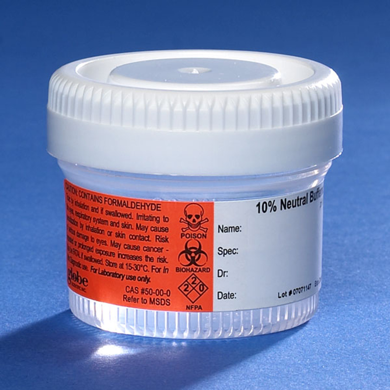 40mL (1.34oz), PP, Filled with 20mL of 10% Neutral Buffered Formalin.
