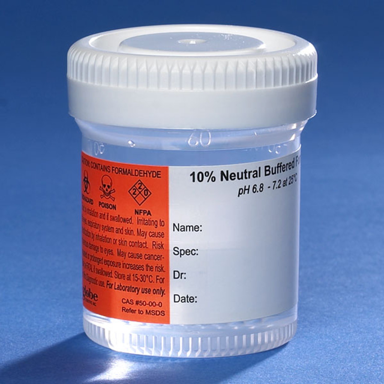 60mL (2oz), PP, Filled with 30mL of 10% Neutral Buffered Formalin.