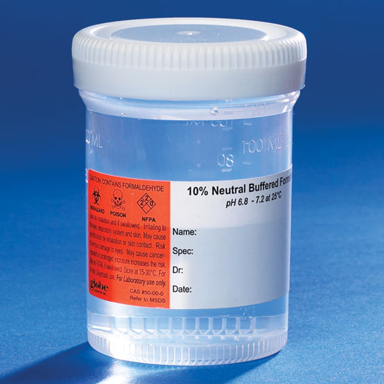 120mL (4oz), PP, Filled with 60mL of 10% Neutral Buffered Formalin.