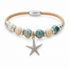 Sterling silver starfish cork bracelet with teal and beige ceramic beads on white background — eco-friendly sustainable natural Portuguese cork — Crabby Mermaid