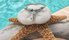 Sterling silver mermaid cork bracelet with ceramic beads displayed on starfish by turquoise water — handcrafted Florida artisan jewelry — Crabby Mermaid