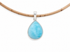 Larimar teardrop pendant necklace on cork cord with sterling silver bail on white background — genuine Dominican Republic Larimar — Crabby Mermaid