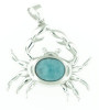 Close-up of genuine Larimar crab pendant on natural Portuguese cork cord with silver ball clasp — handcrafted coastal jewelry