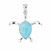 Close-up of sterling silver sea turtle pendant with Larimar stone on white background — Crabby Mermaid