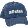 On Beach Time weathered navy baseball cap — 100% cotton embroidered coastal hat on white background