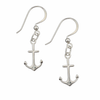 Sterling silver anchor dangle earring worn on model at beach - French wire hook nautical coastal jewelry
