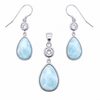 Larimar and cubic zirconia teardrop necklace and earring set in .925 sterling silver on white background - genuine Dominican Republic Larimar - Crabby Mermaid