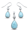 Larimar and cubic zirconia teardrop necklace and earring set in sterling silver on white background — hand assembled by Crabby Mermaid
Inspired by the ocean, this desirable Larimar set features a set of teardrop earrings with Larimar and Cubic Zirconia and a matching necklace on an 18" Sterling Silver chain.