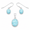 Larimar oval necklace and earring set in .925 sterling silver on white background — genuine Dominican Republic Larimar — Crabby Mermaid