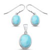 Genuine Larimar oval pendant and earring set in sterling silver on white background — hand assembled by Crabby Mermaid