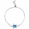 Blue opal sea turtle bolo bracelet in .925 sterling silver on white background — adjustable bolo toggle closure 7 to 9 inches — lab-created blue opal — Crabby Mermaid