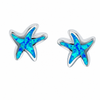 Blue opal starfish stud earrings with silver setting on white background