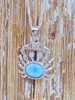 Larimar crab necklace in .925 sterling silver on white background — hand assembled by Crabby Mermaid