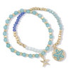 Mint and gold beaded sea life stretch bracelet set with starfish and sand dollar charms — coastal jewelry — Crabby Mermaid