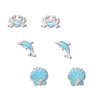 Silver-toned crab, dolphin, and shell stud earrings with light blue enamel on white background — coastal earring set — Crabby Mermaid