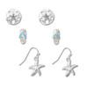 Silver sand dollar studs, crystal flip flop studs, and starfish dangle earrings on white background — coastal earring set — Crabby Mermaid
