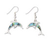 Silver-toned dolphin dangle earrings with abalone inlay on white background — coastal jewelry — Crabby Mermaid