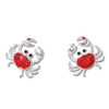 Silver-toned red glitter enamel crab stud earrings with black eye accents on white background — coastal jewelry — Crabby Mermaid