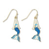 Gold-toned mermaid dangle earrings with white enamel body and blue glitter scales on white background — coastal jewelry — Crabby Mermaid