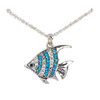 Silver-toned aqua and clear crystal angel fish pendant necklace on white background — coastal jewelry — Crabby Mermaid
