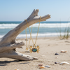 Abalone crab pendant necklace hanging from driftwood with shells on beach sand and ocean in background — coastal jewelry — Crabby Mermaid