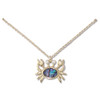 Gold-toned abalone inlay crab pendant necklace with crystal eyes on white background — coastal jewelry — Crabby Mermaid
