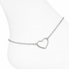 Classic silver heart anklet with cable chain on ghost mannequin foot, white background