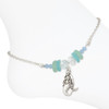 Silver-tone mermaid charm anklet with aqua teal and blue sea glass style beads on white background — coastal beach anklet — Crabby Mermaid