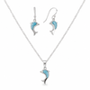 Larimar dolphin necklace and earring set in sterling silver on white background — genuine Dominican Republic Larimar — Crabby Mermaid