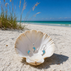 Larimar dolphin necklace and earring set in sterling silver displayed in seashell on Florida Gulf Coast beach — Crabby Mermaid