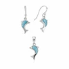 Larimar dolphin pendant and matching dangle earring set in sterling silver on white background - genuine Dominican Republic Larimar - Crabby Mermaid