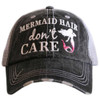 Gray distressed trucker hat with Mermaid Hair Don't Care embroidery and pink mermaid graphic — mesh back and adjustable closure — Crabby Mermaid