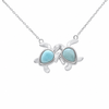Larimar two turtle pendant necklace in .925 sterling silver on white background — two genuine Dominican Republic Larimar gemstones — hand assembled by Crabby Mermaid