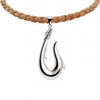 Close-up of sterling silver fish hook pendant with rope engraving detail on braided natural Portuguese cork - white background - Crabby Mermaid